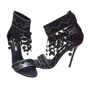 Brian Atwood Black Open Toe Stiletto Heels with Tassels Gold, size 11